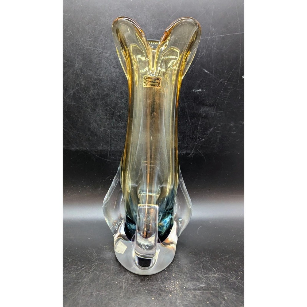 Vintage Egermann Bohemian Czech Art Glass Vase 12" Yellow Blue Handles